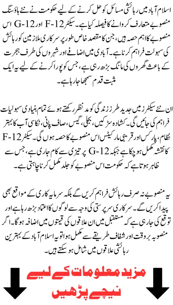 Islamabad F-12 & G-12 Sectors Launch – Govt Announces New Plots for Employees